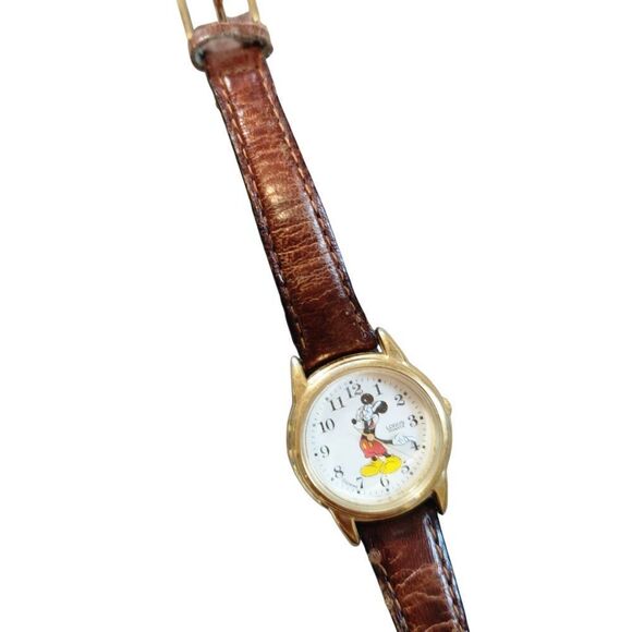 Vintage Lorus Mickey Mouse Watch Quartz Needs Battery Leather Strap White Gloves - Picture 4 of 10
